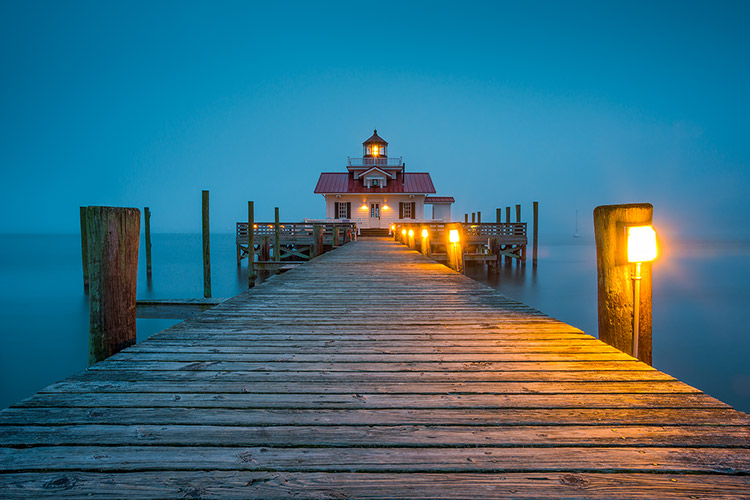 OBX NC Manteo Lighthouse Evening Fog Photography Prints